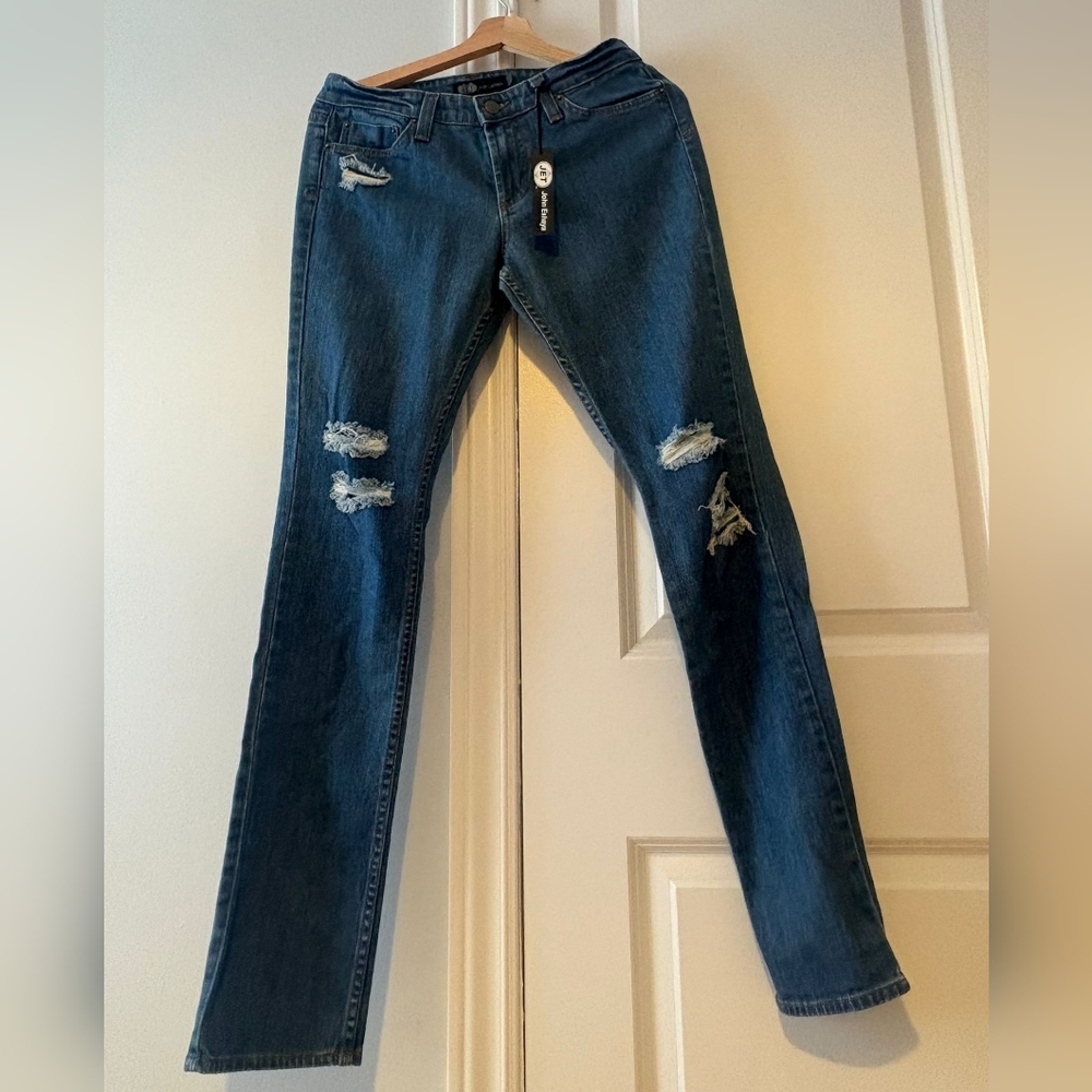 Women's Straight Leg Distressed Jeans in Dark Blue